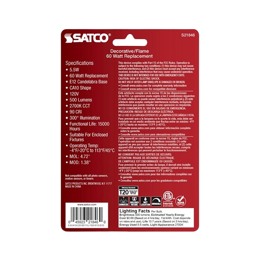 Clear Satco 5.5 watt CA10 LED bulb with candelabra base for energy-saving home lighting under $50 collections