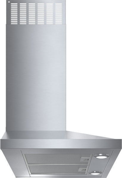 Stainless steel wall hood with bright LED lighting and high-performance blower, part of range hoods collection.
