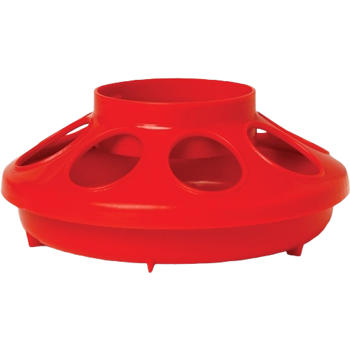 Red plastic poultry feeder base with multiple feeding openings for efficient poultry feeding and home improvement use