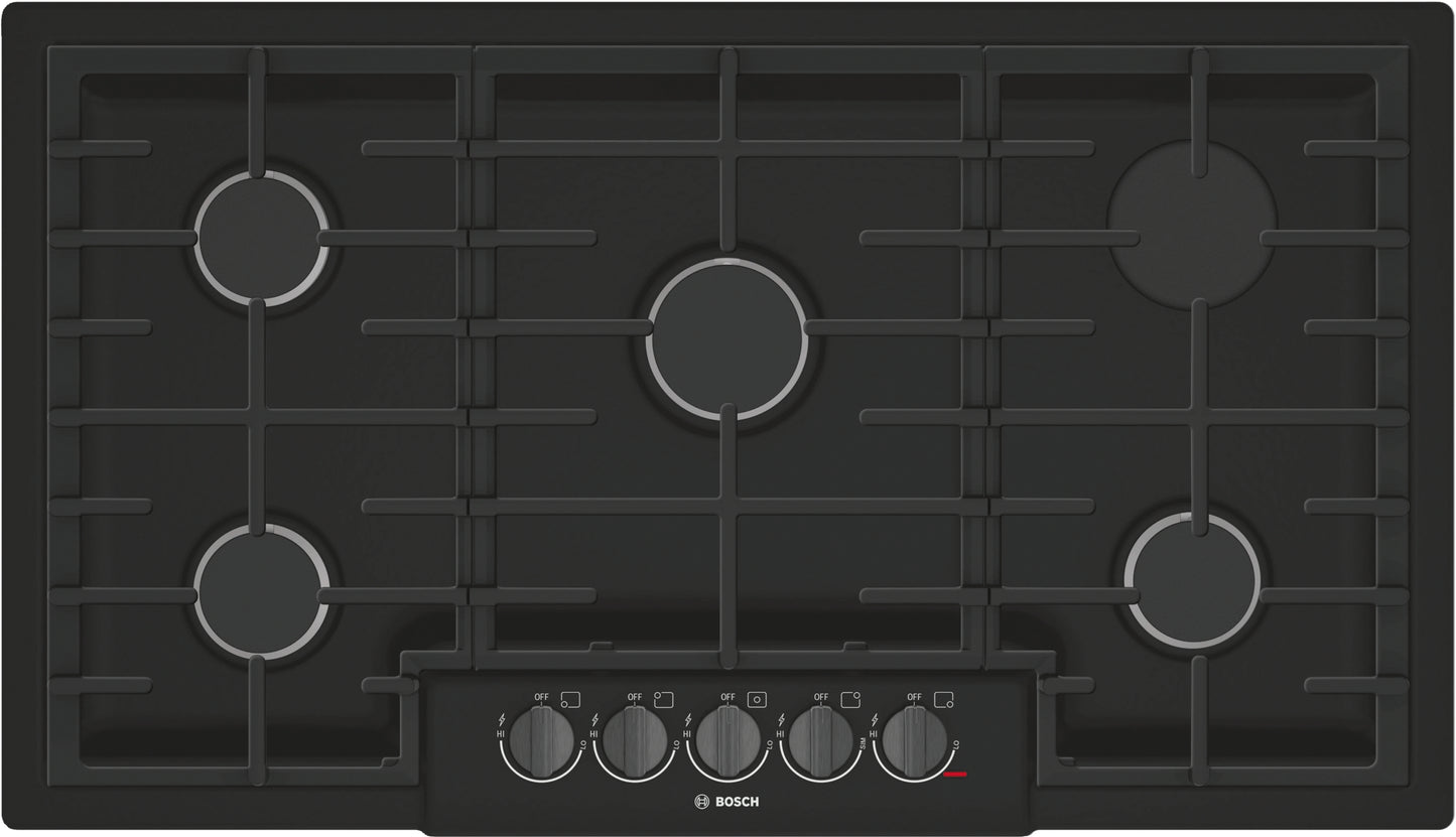 Black 36-inch gas cooktop with five sealed burners, cast iron grates, and push-to-turn control knobs in Bosch appliances collection