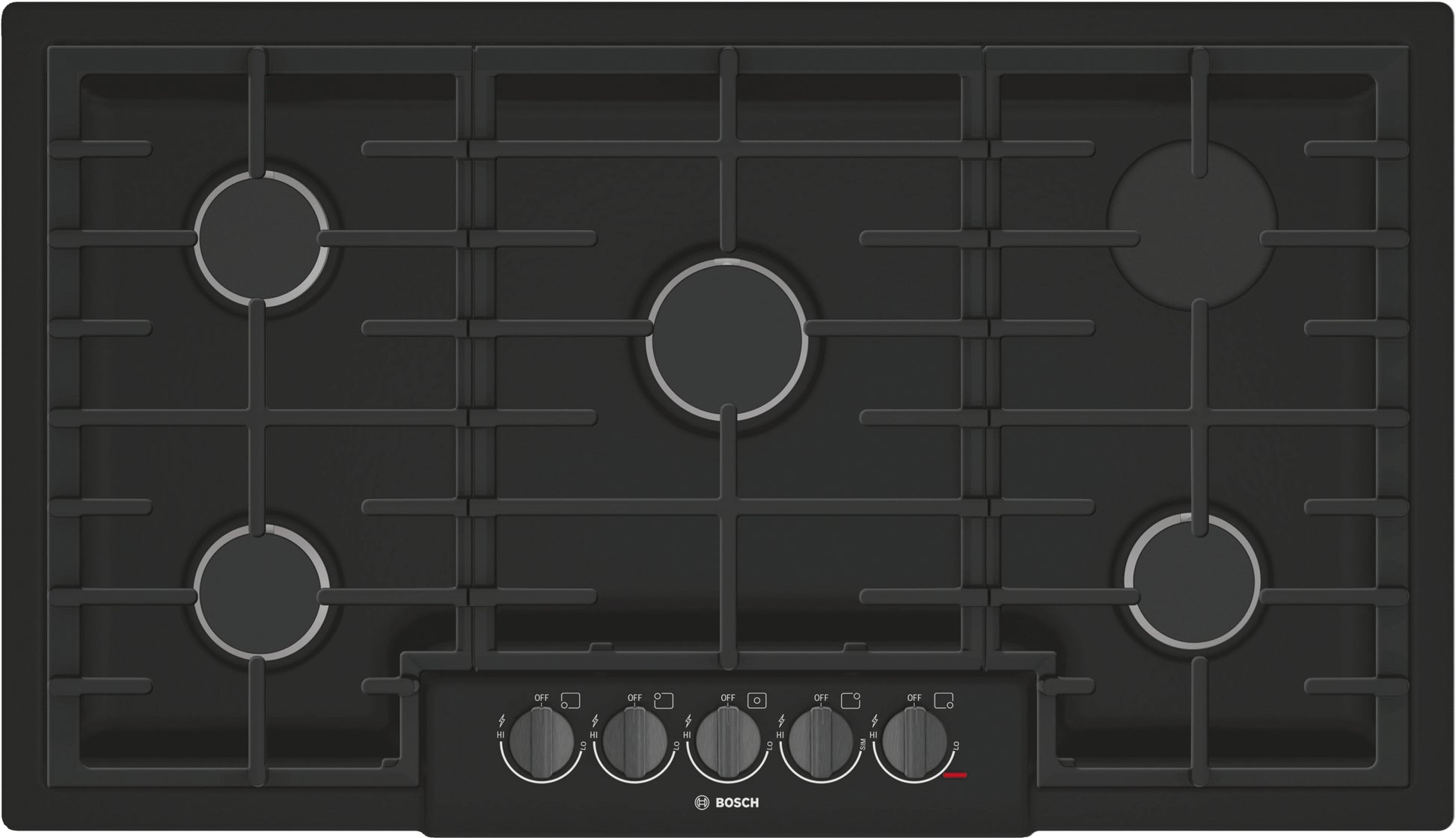 Black 36-inch gas cooktop with five sealed burners, cast iron grates, and push-to-turn control knobs in Bosch appliances collection