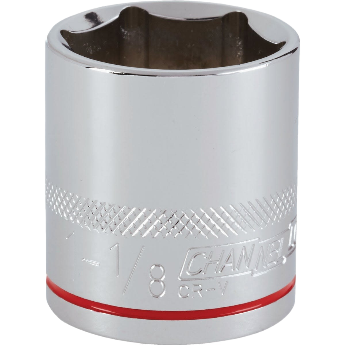 Chrome-finished shallow socket with textured grip and red color band for hand tools and home improvement projects under $50 collection