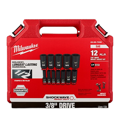 Red Milwaukee carrying case with 12 black impact sockets for use with 3/8 inch drive hand tools and woodworking tools collections