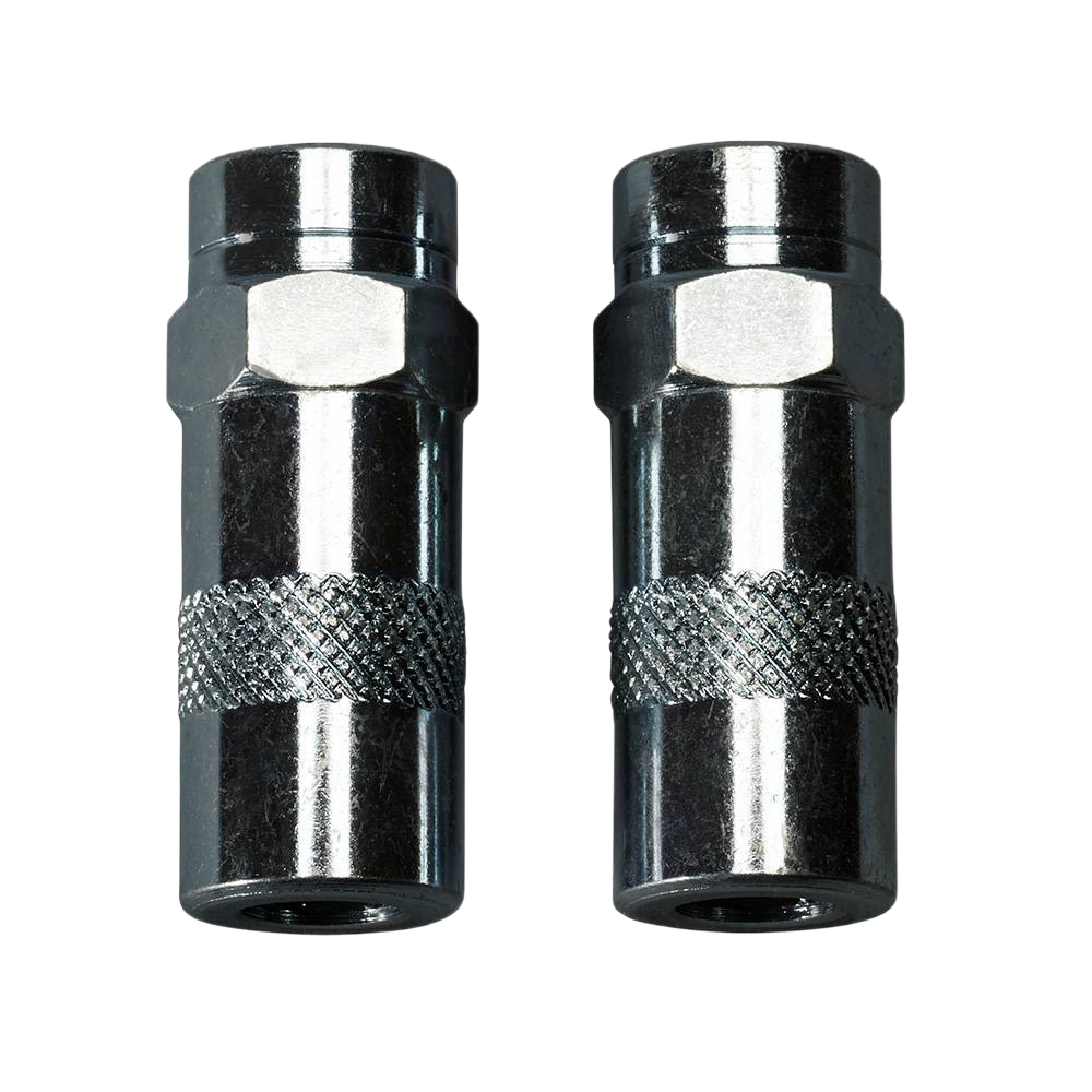 Pair of chrome high pressure grease couplers with textured grip for tools in Milwaukee and home improvement collections under $50