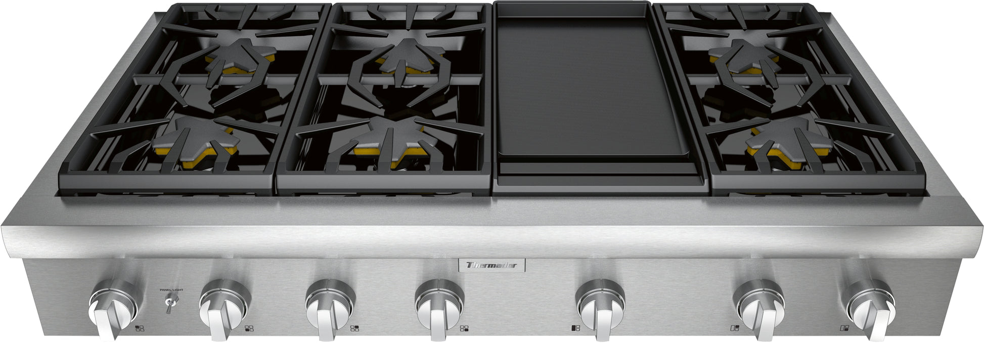 48-inch stainless steel gas rangetop with six burners and central griddle from Cooktops and Kitchen & Kitchenware collections