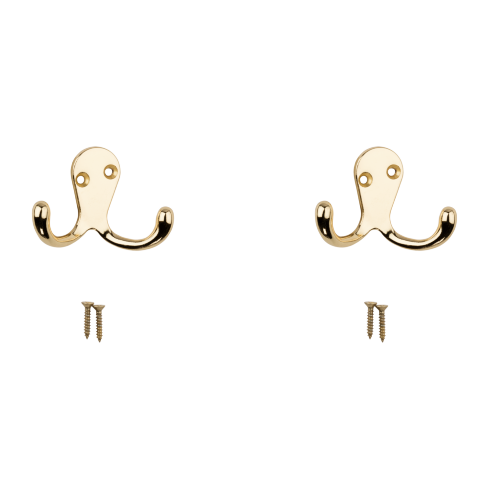 Pair of brass double hooks with heavy-duty construction for closet and dorm storage in under $50 collection