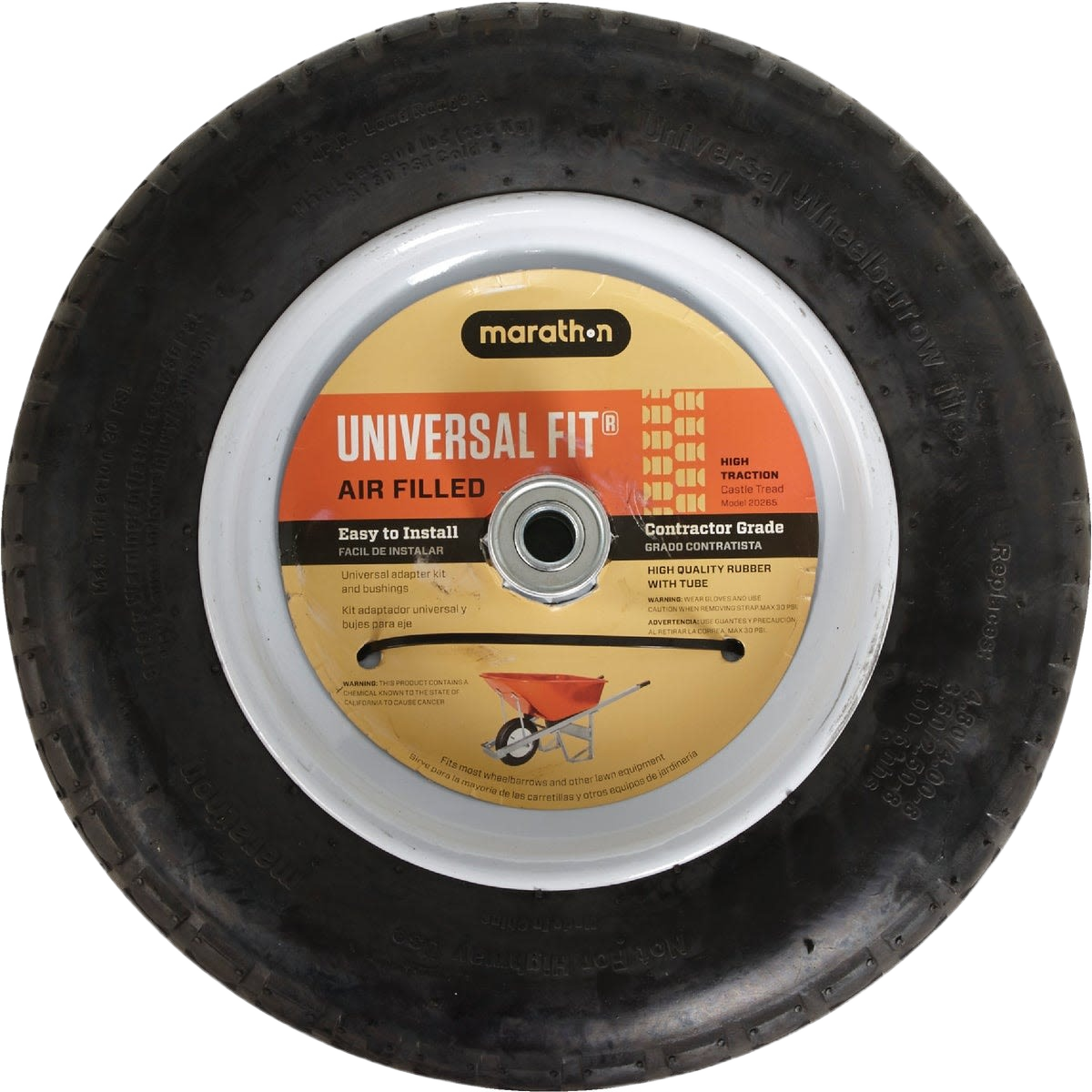 Black air filled wheelbarrow tire with white rim and universal fit label in Parts & Lubricants collection under $50