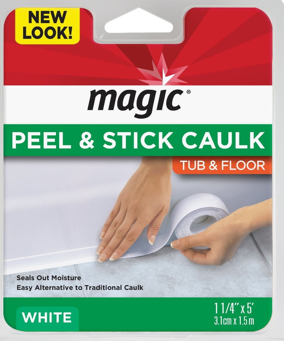 Hand applying white peel and stick caulk strip along tub and floor seam for home improvement projects