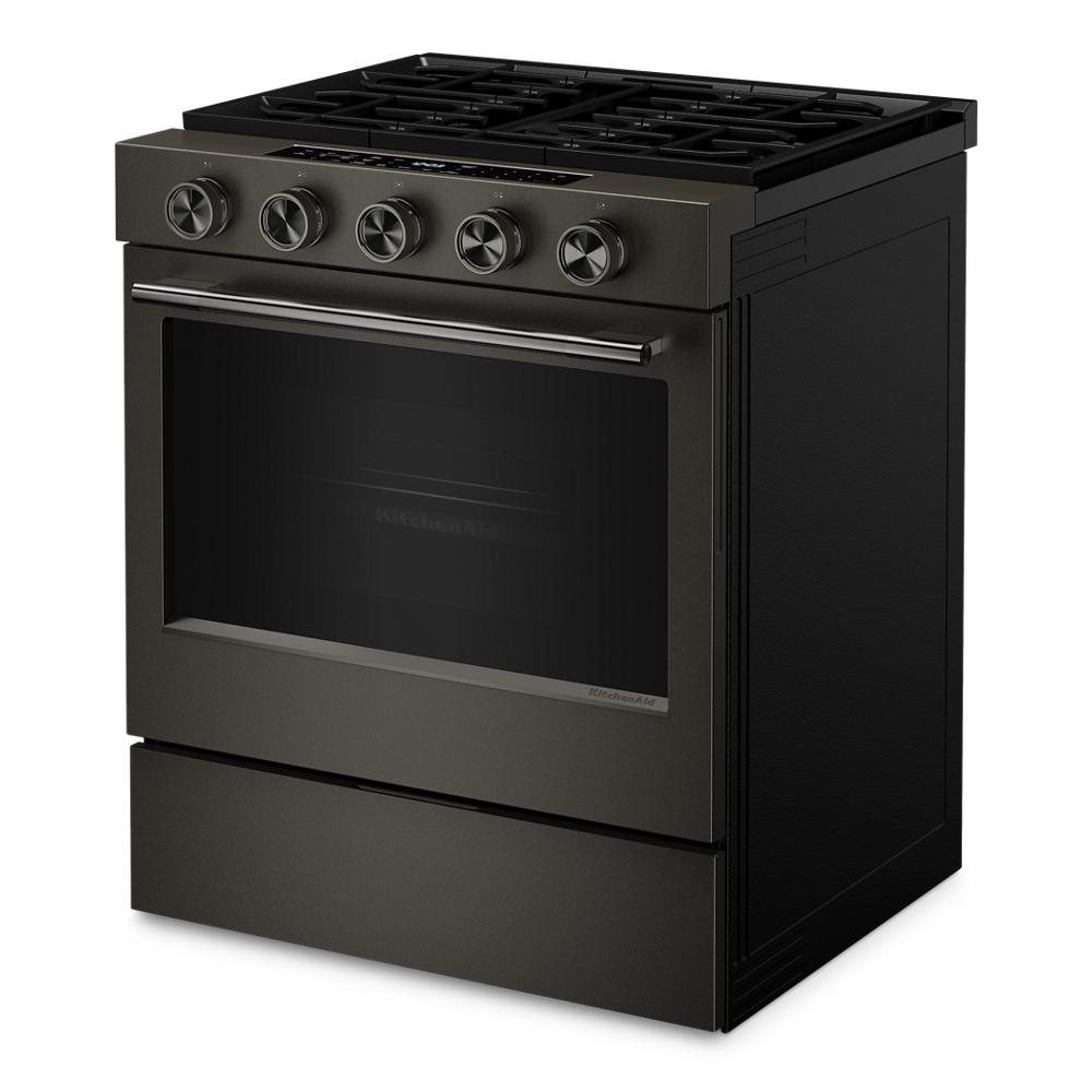Angled view of black KitchenAid smart slide-in gas range featuring convection cooking and five control knobs from Ranges collection