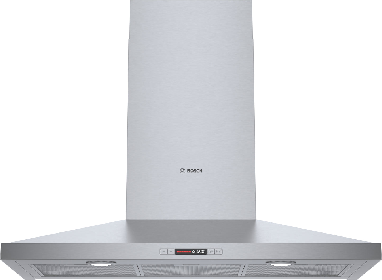Stainless steel wall-mounted range hood with digital controls and LED lighting from Bosch Over the Range Hoods collection