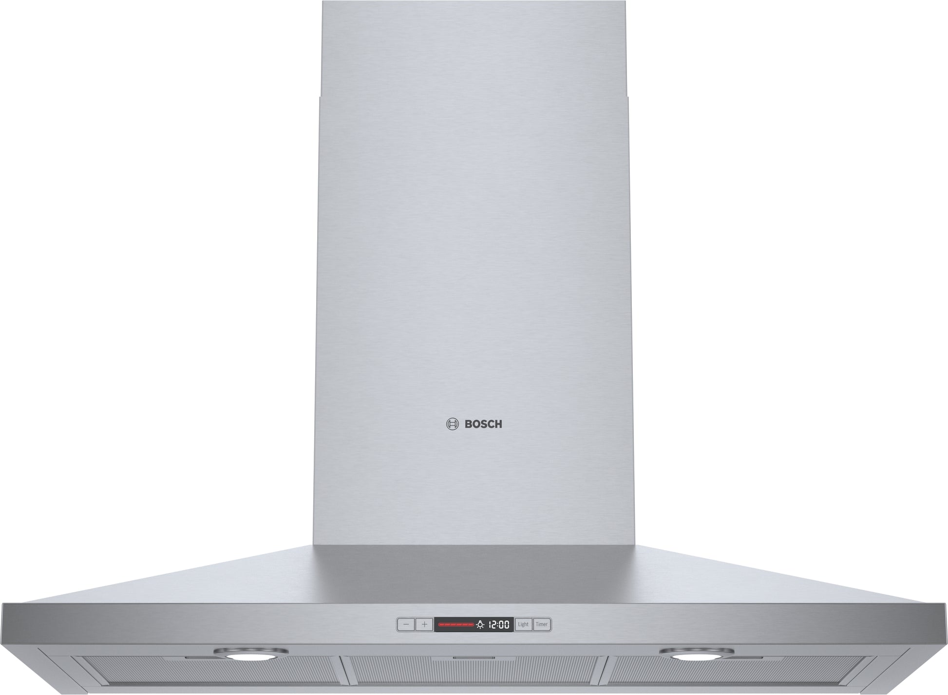Stainless steel wall-mounted range hood with digital controls and LED lighting from Bosch Over the Range Hoods collection
