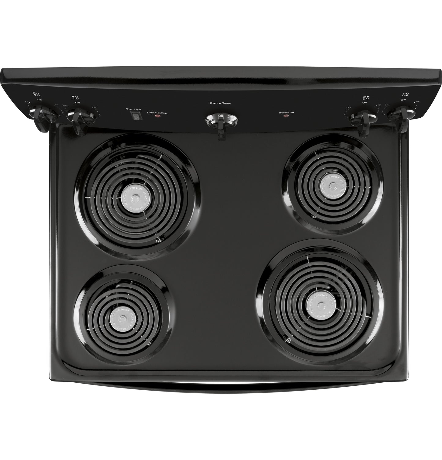 Black electric coil cooktop with four burners and control knobs for kitchen appliances and home improvement tools