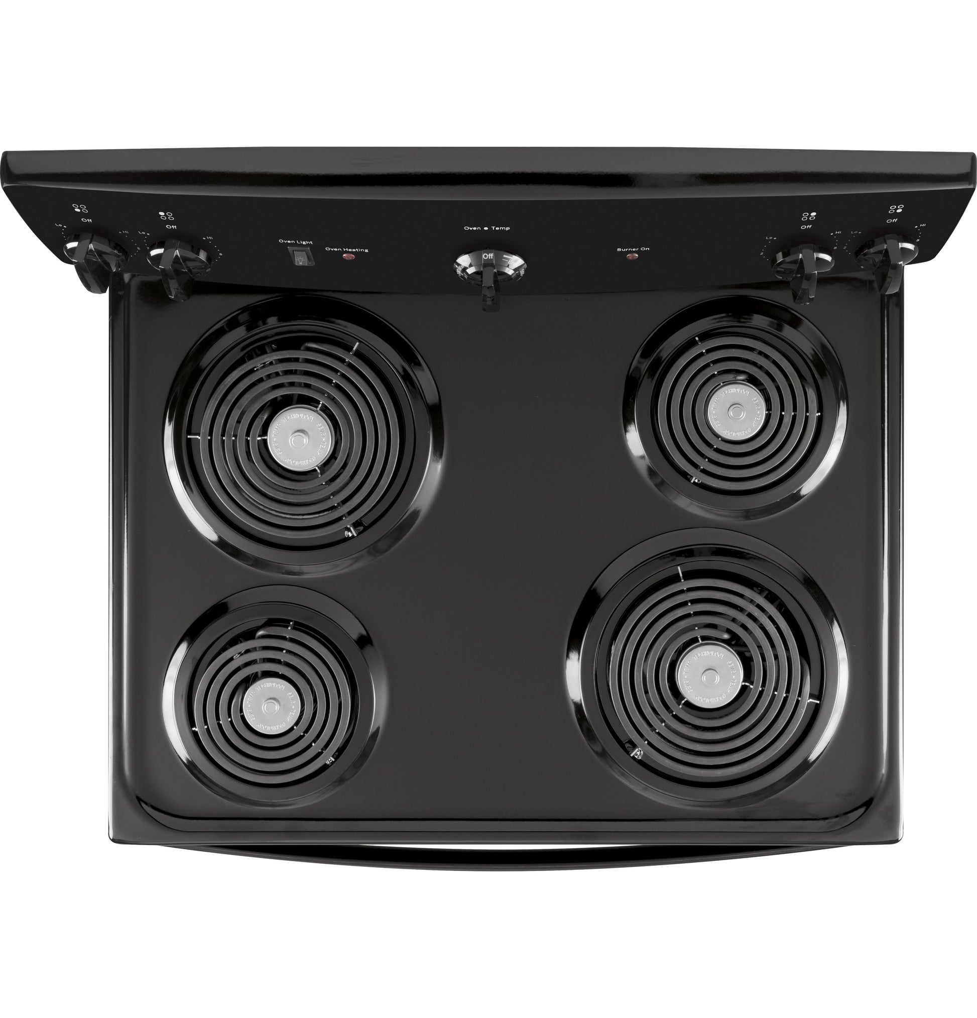 Black electric coil cooktop with four burners and control knobs for kitchen appliances and home improvement tools