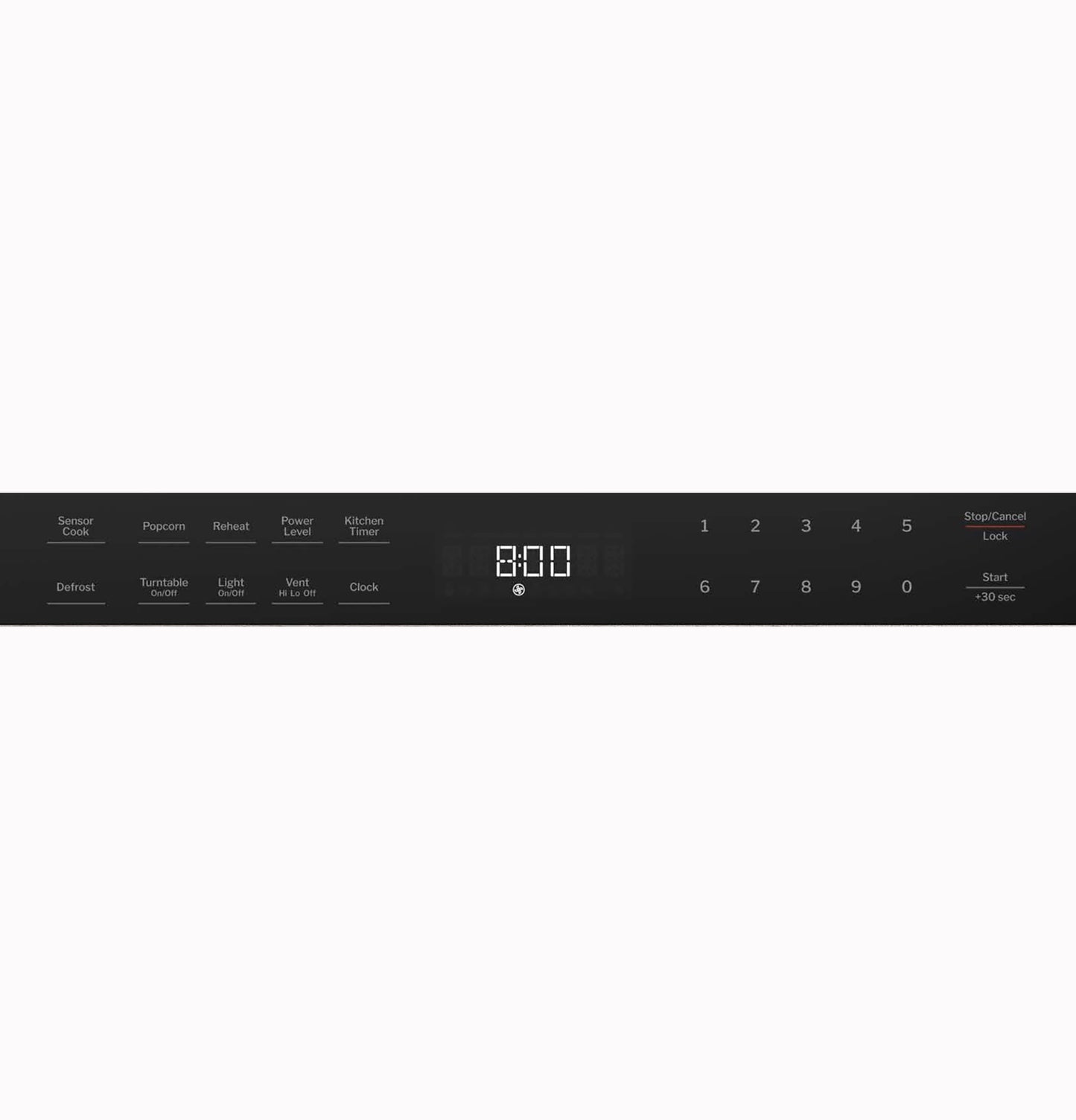 Digital control panel of GE over-the-range microwave with sensor cook, timer, and numeric keypad in kitchen appliance collection