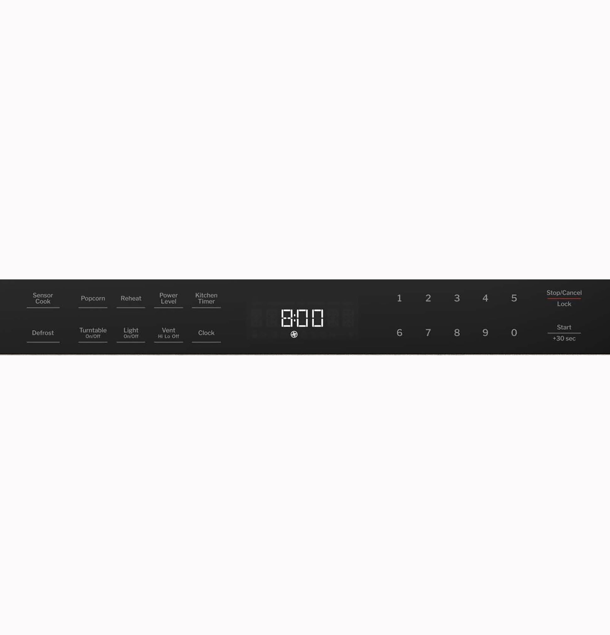 Digital control panel of GE over-the-range microwave with sensor cook, timer, and numeric keypad in kitchen appliance collection