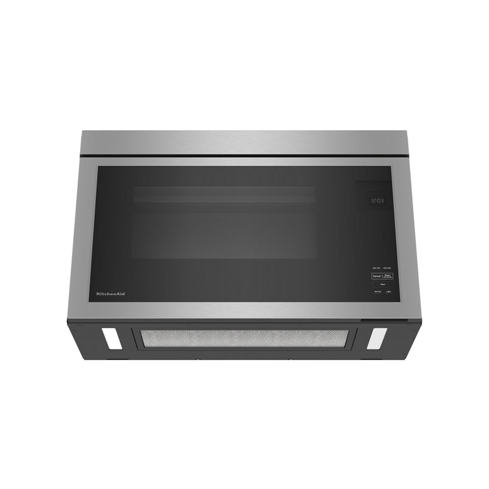 Stainless steel over-the-range microwave with flush built-in design, digital controls, and interior light from appliances collection