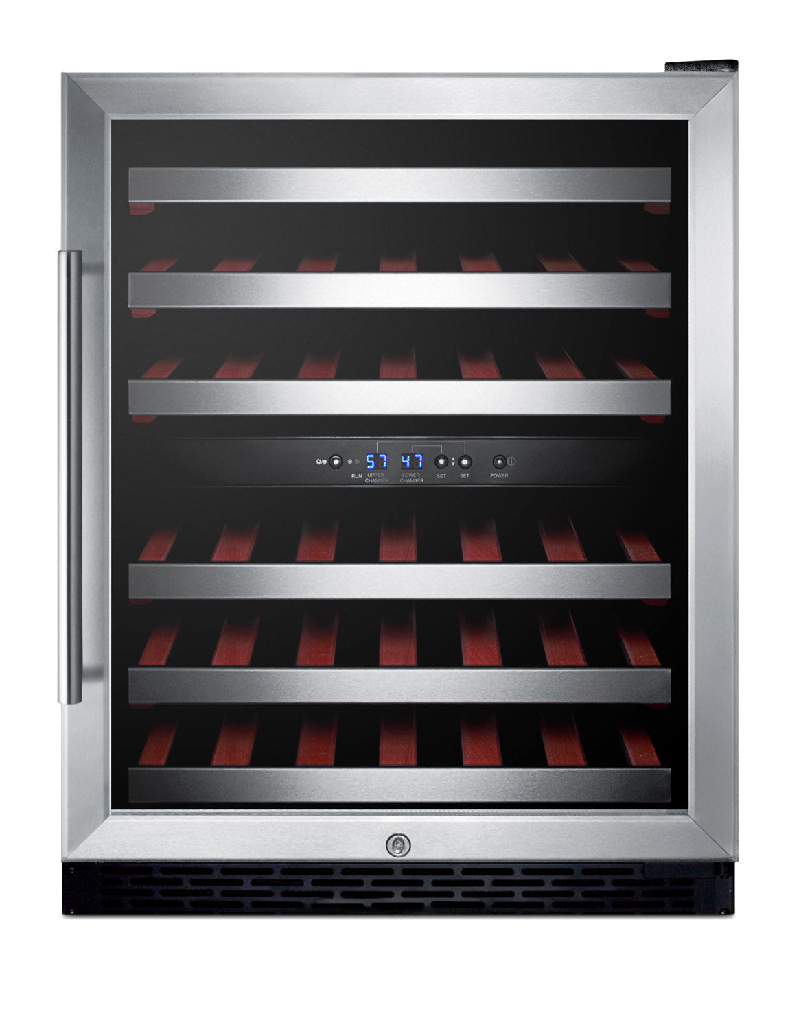 Built-in stainless steel wine cellar with glass door, wooden shelves, and dual digital temperature controls for kitchen use