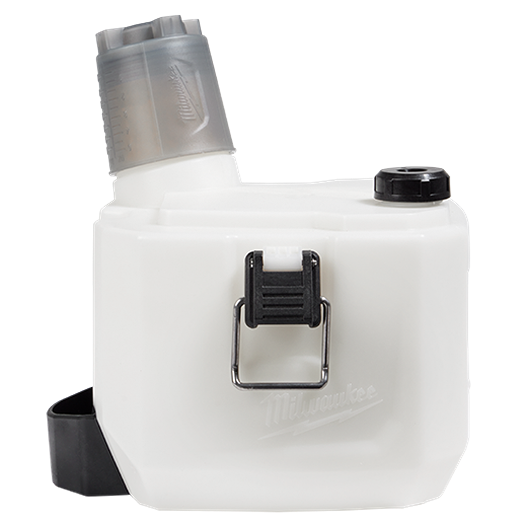 White handheld 1-gallon sprayer tank with angled translucent cap and black latch for tools and home improvement use