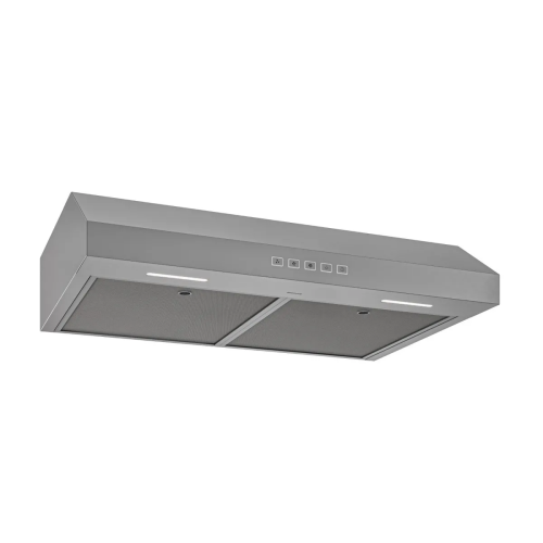 stainless steel under-cabinet range hood with dual mesh filters and LED lighting for kitchen and home improvement tools