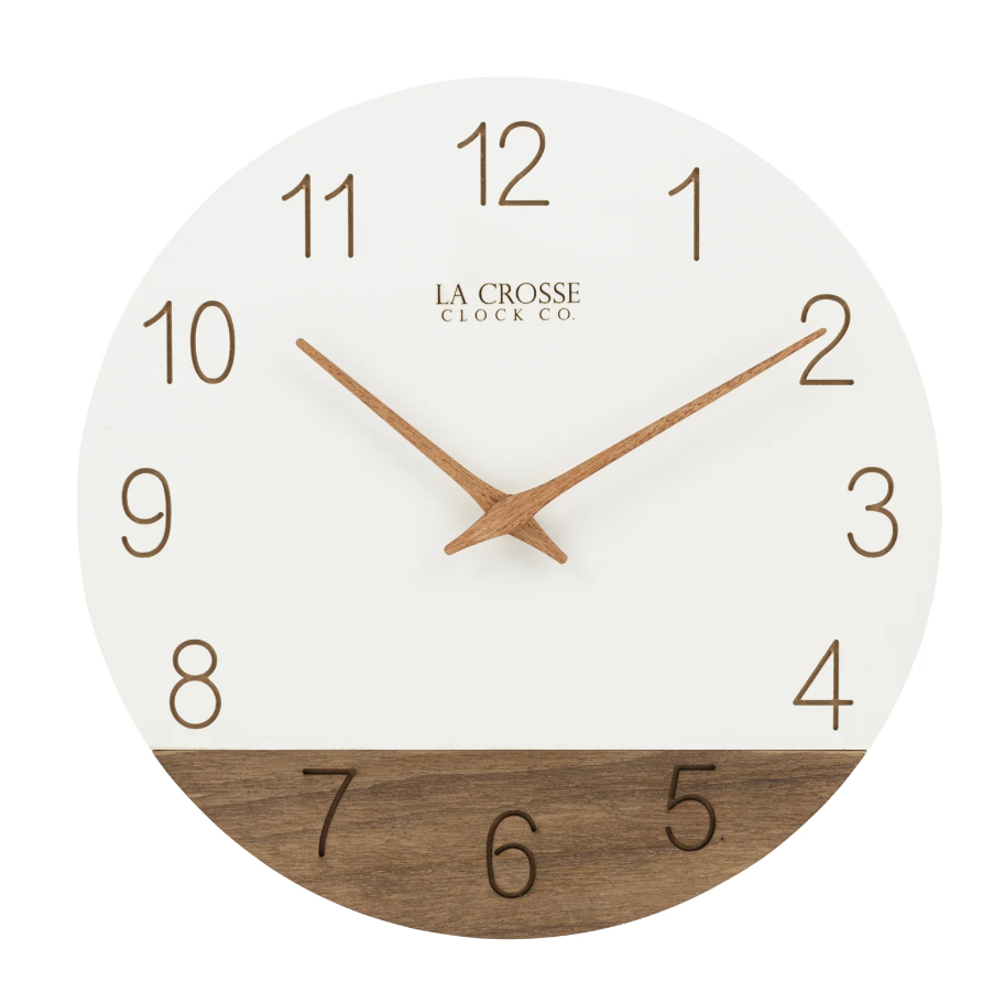 Round wall clock with large brown laser-engraved numbers, wooden hands, and partial wood accent, ideal for home decor.