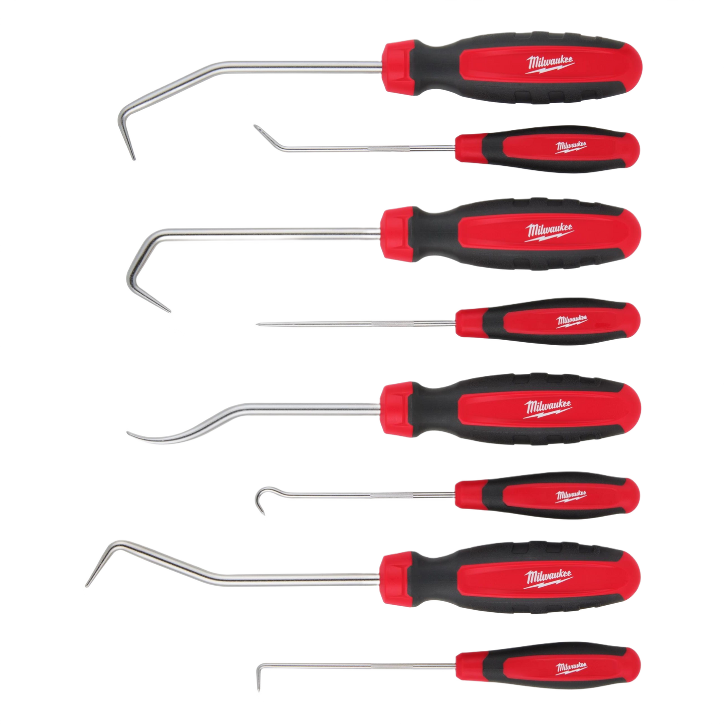 Set of eight red and black hook and pick tools with ergonomic handles for precision tasks in tools and home improvement projects