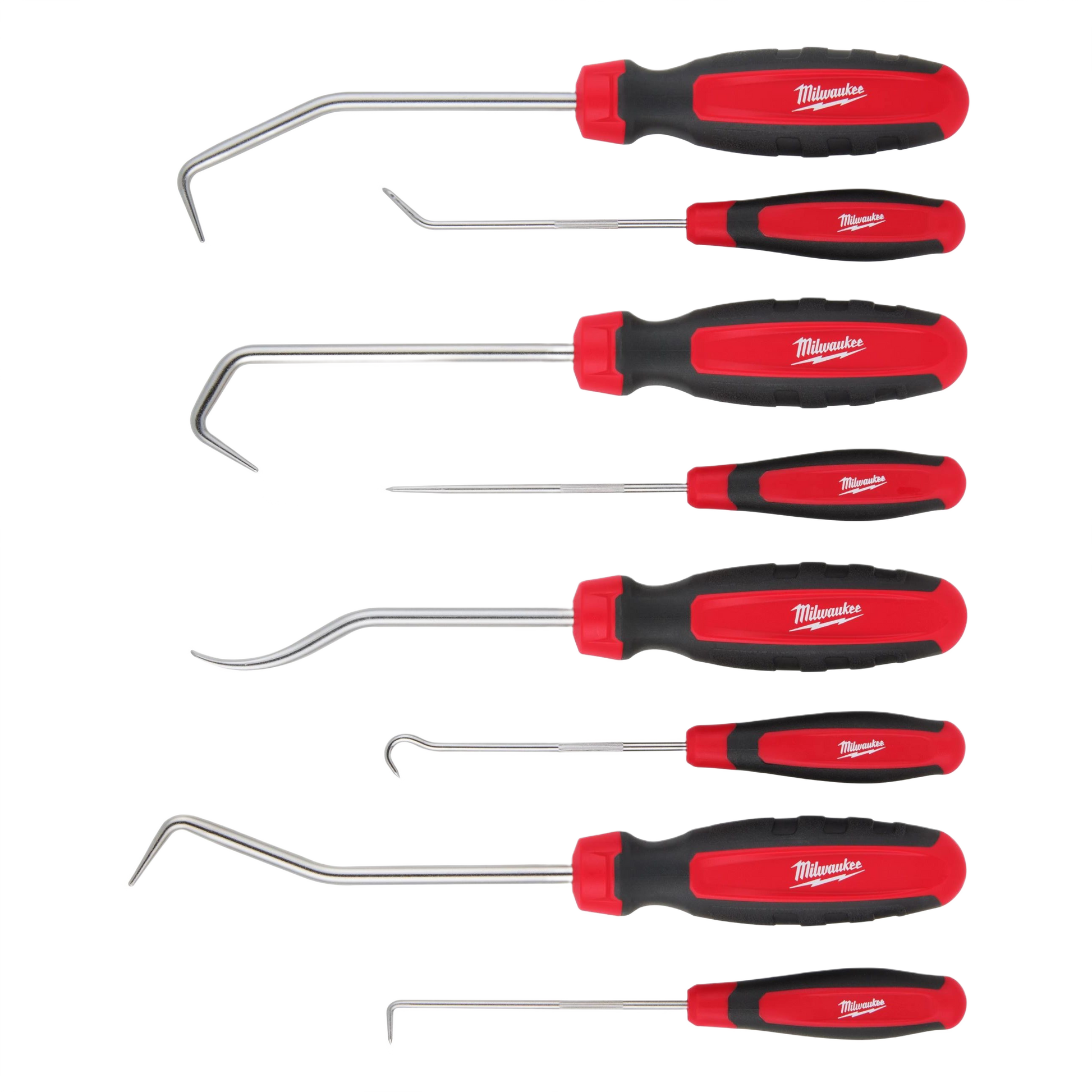 Set of eight red and black hook and pick tools with ergonomic handles for precision tasks in tools and home improvement projects