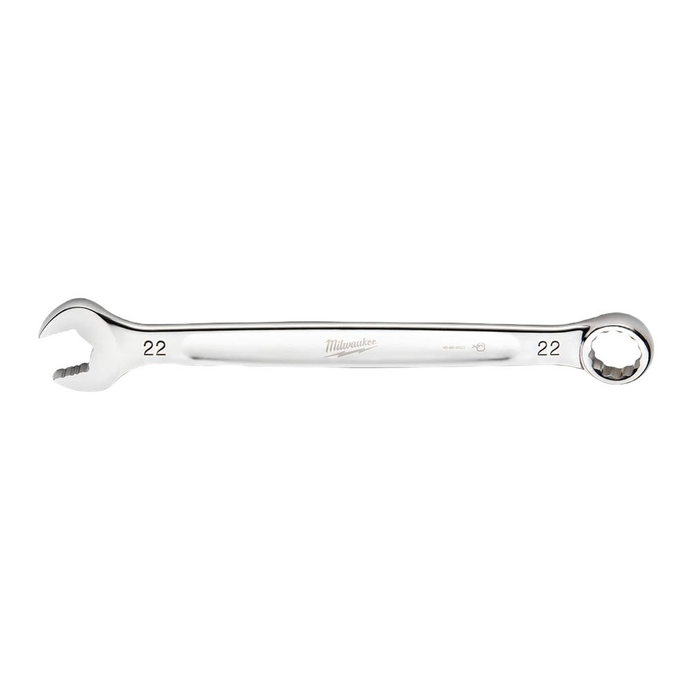 Polished 22-mm metric combination wrench with open and boxed ends for versatile use in tools and home improvement tasks