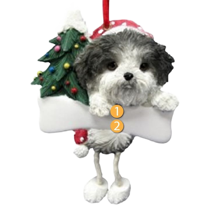 Black and white Shih Tzu dog ornament with dangling legs and Christmas tree for festive home decoration under $50.