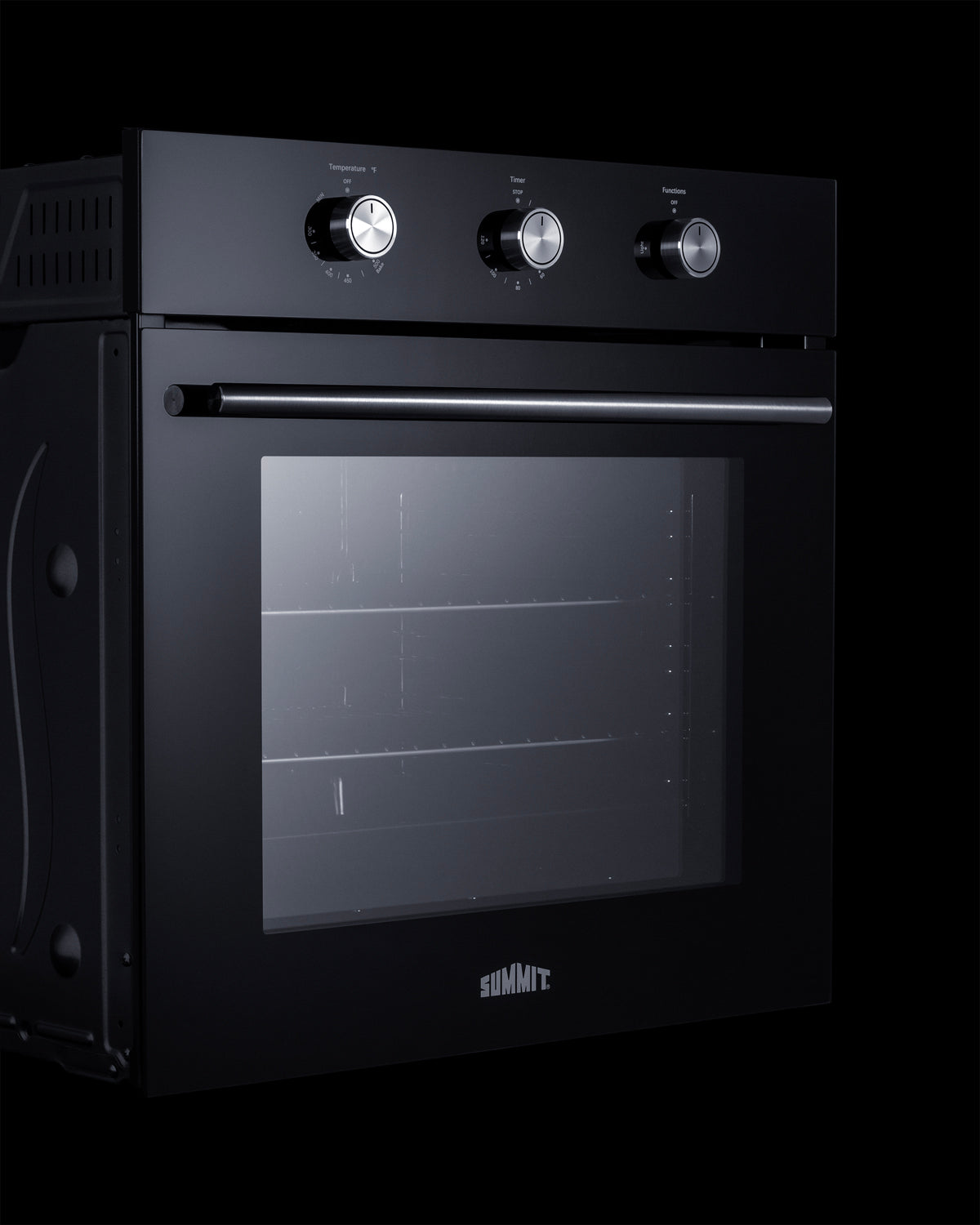 Jet black single gas wall oven with glass door, metal handle, and three silver control knobs for kitchen appliances collection