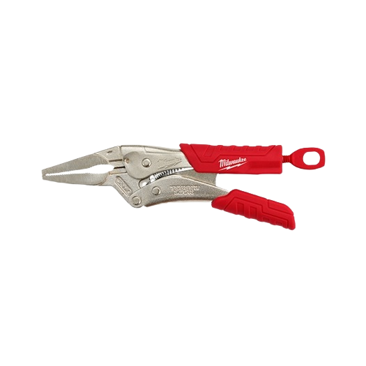6-inch long nose locking pliers with red ergonomic grip designed for precision in home improvement tasks