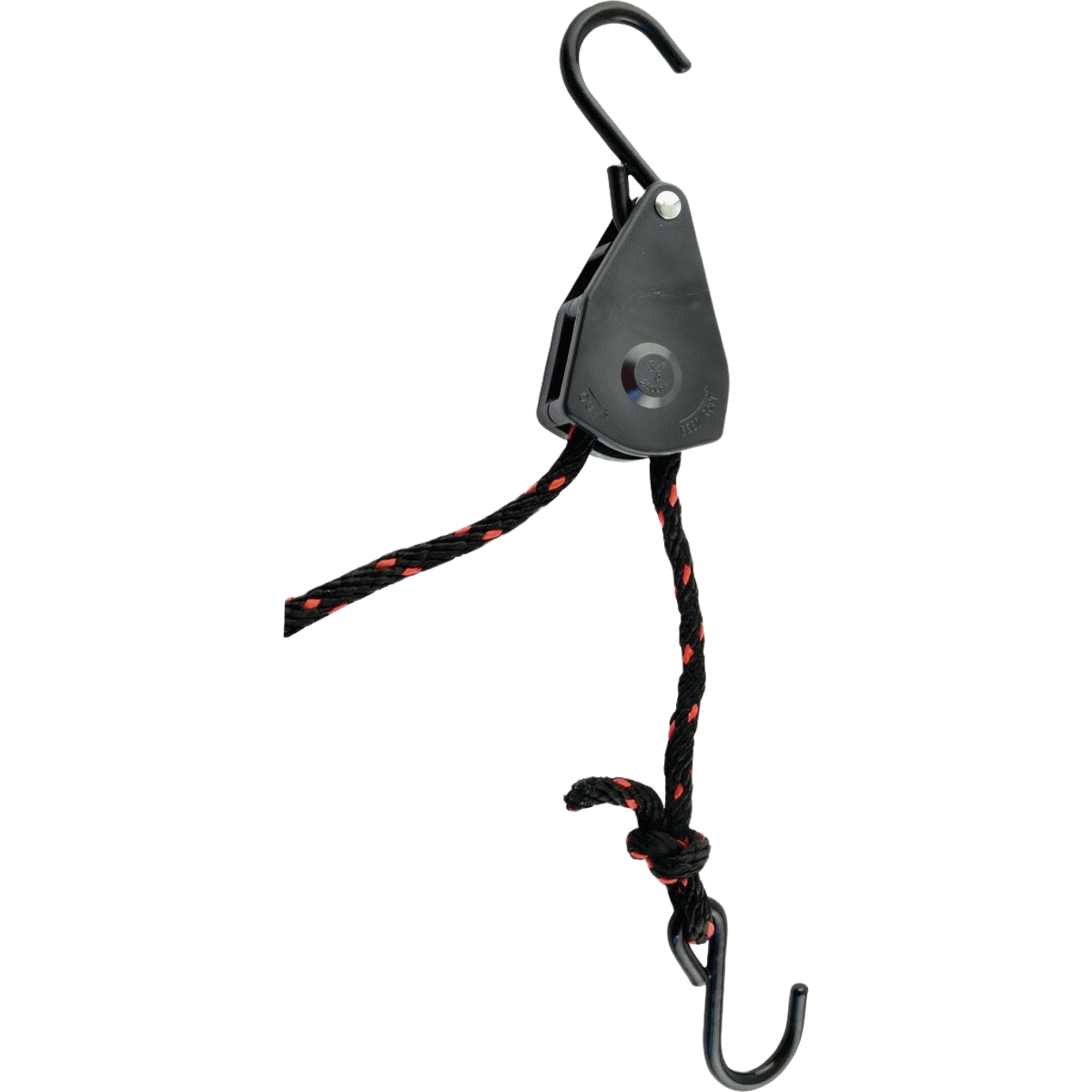 Black ratchet strap with hooks and braided rope for securing loads in home improvement and outdoor tasks