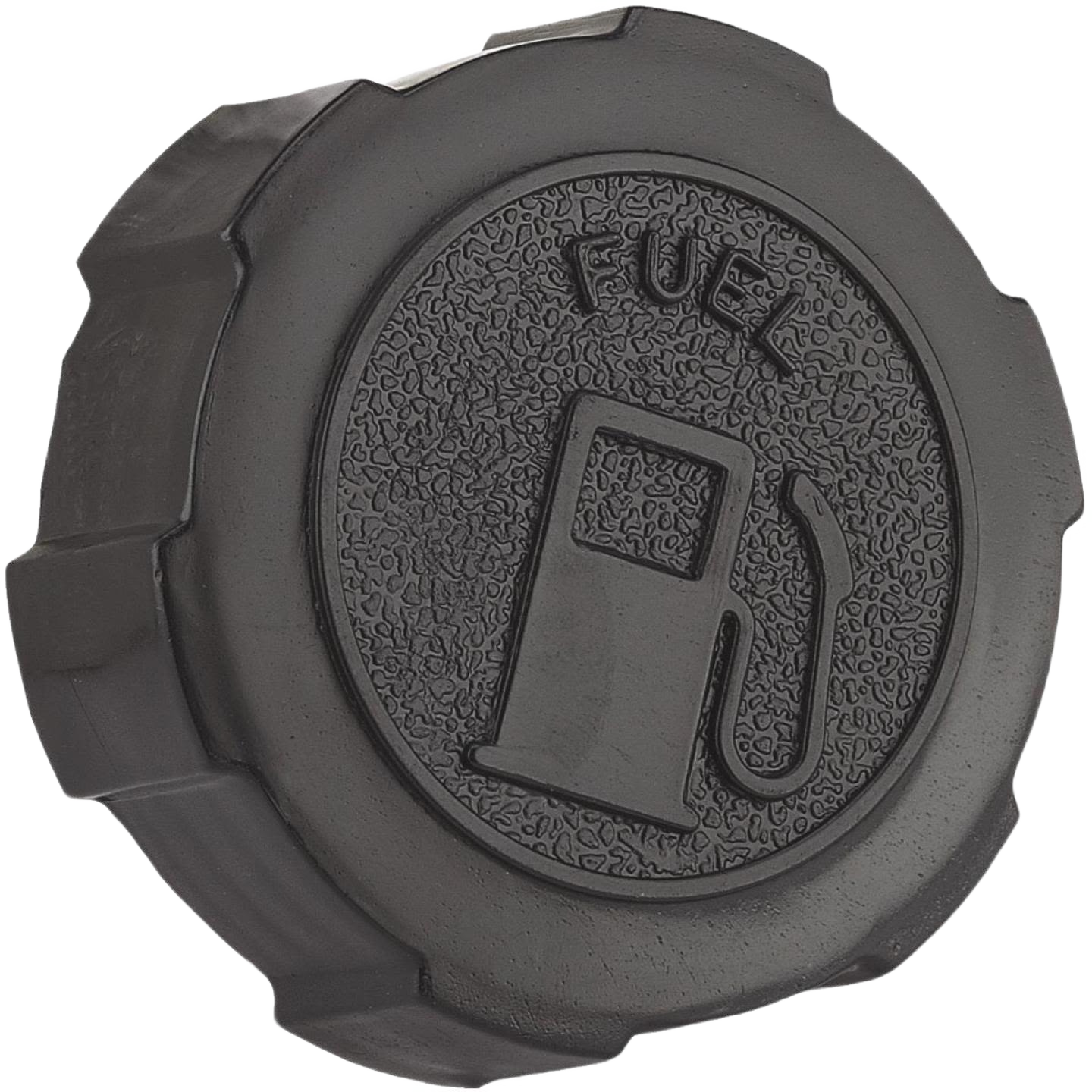 Black vented gas cap with textured surface and fuel pump icon for parts and lubricants in home improvement tools collections