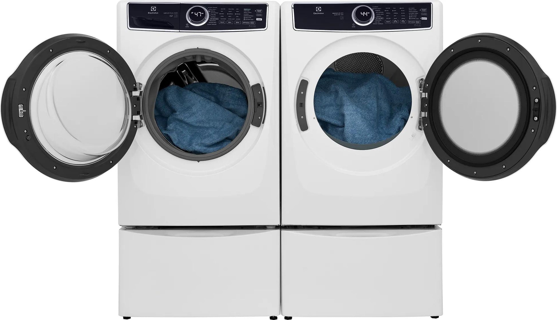 White front load washer and dryer set with open doors showing blue fabric inside, part of washers and dryers collection