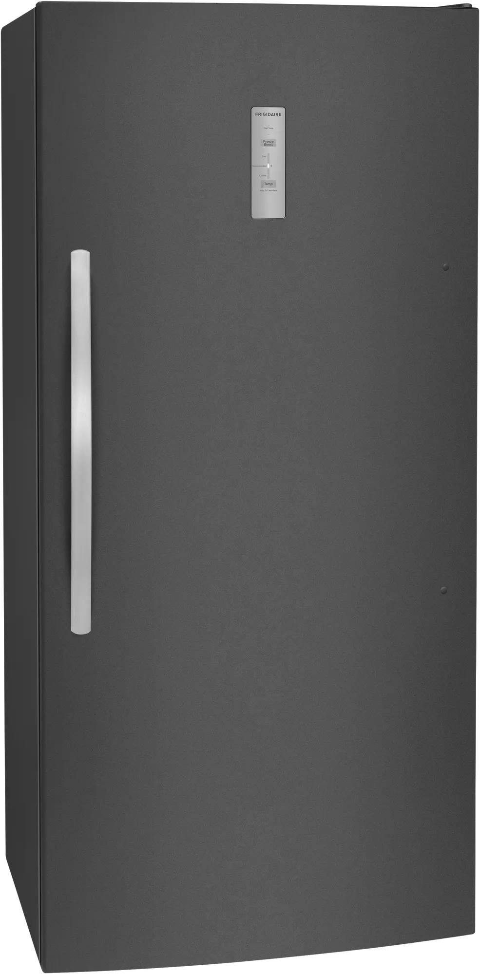 Black upright freezer with silver handle and digital temperature control panel in modern appliance setting