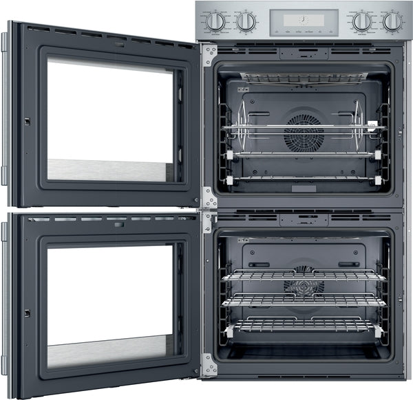 Professional double wall oven with side opening doors, multiple racks, and stainless steel control panel in kitchen appliances collection