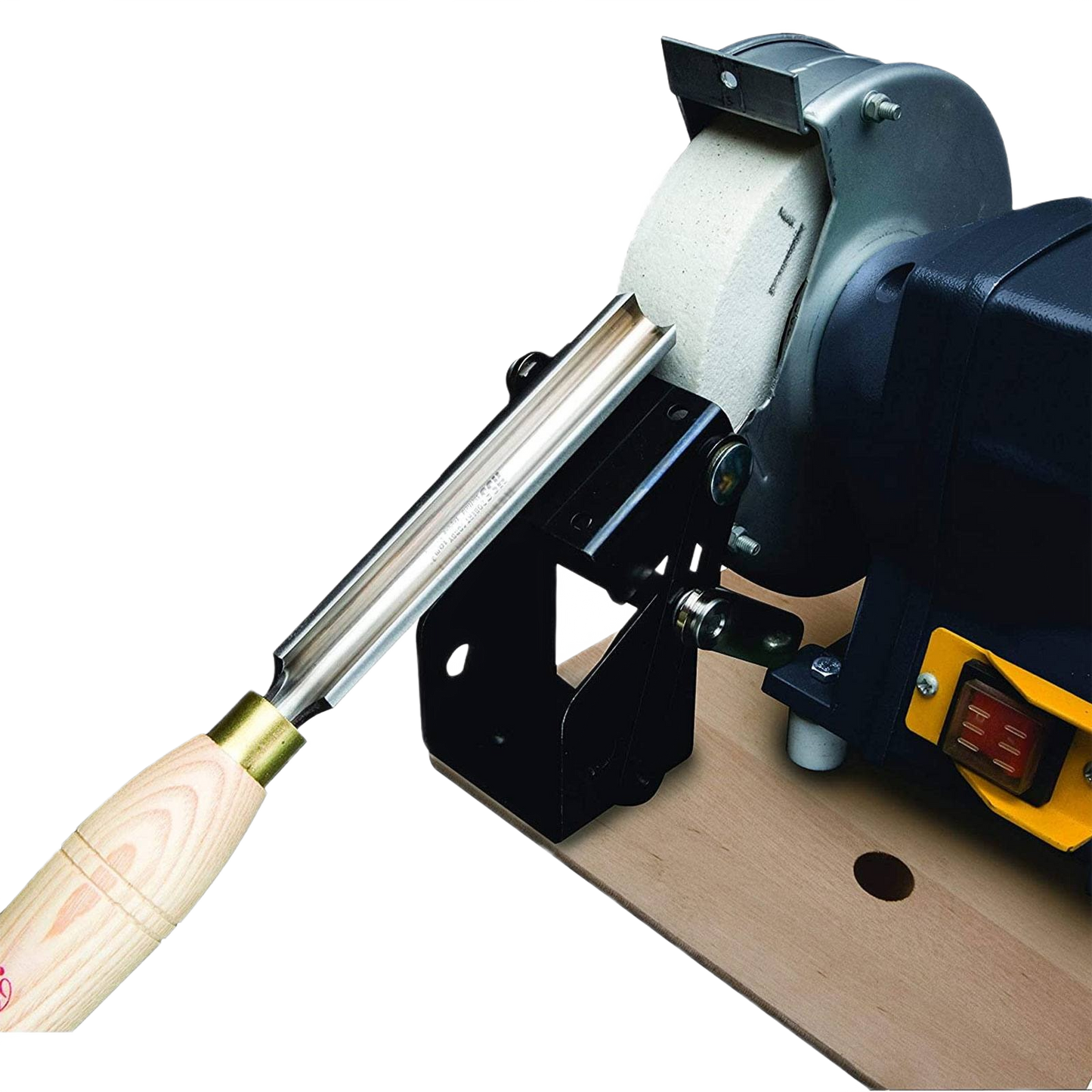 Bench grinder sharpening a wooden-handled tool using a precision guide for home improvement and tools use