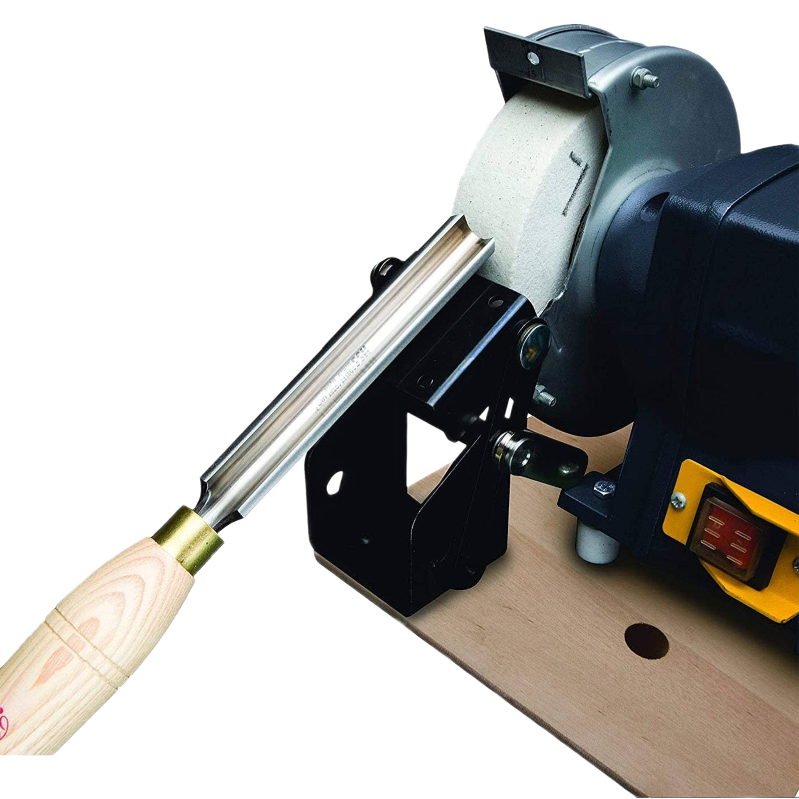 Bench grinder sharpening a wooden-handled tool using a precision guide for home improvement and tools use