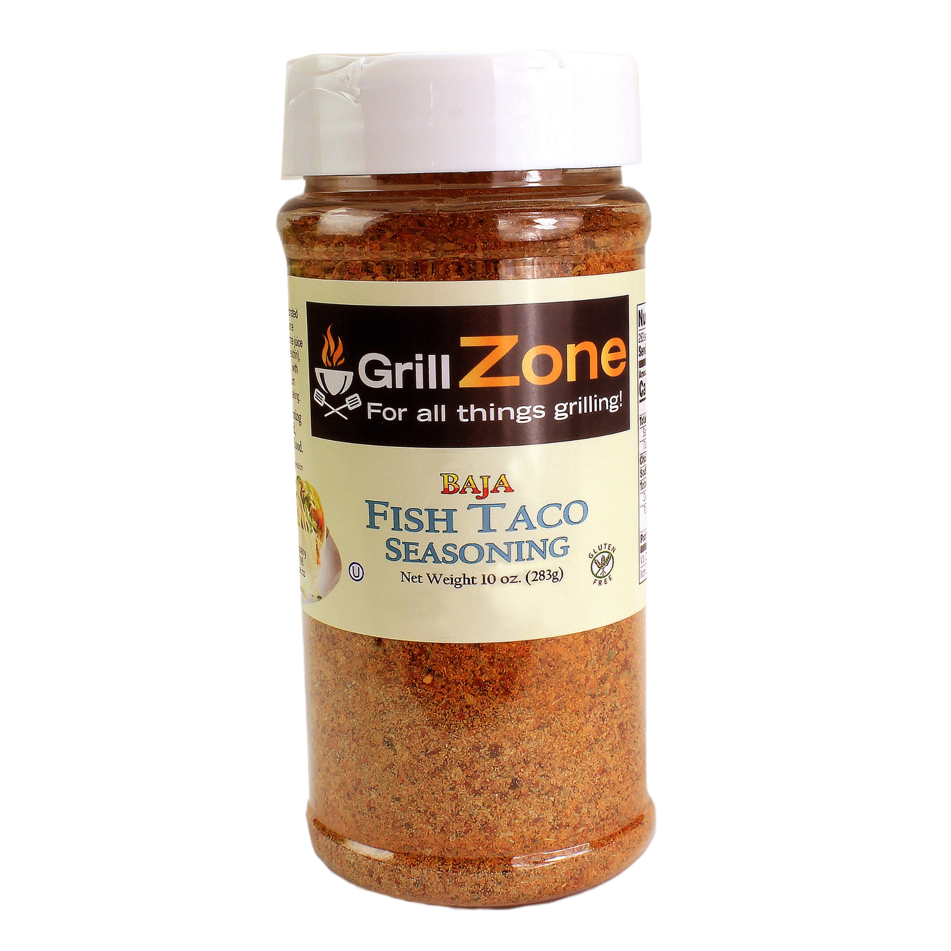 Clear plastic jar of Grill Zone Baja Fish Taco Seasoning with orange-red spice blend for grilling and outdoor cooking collections