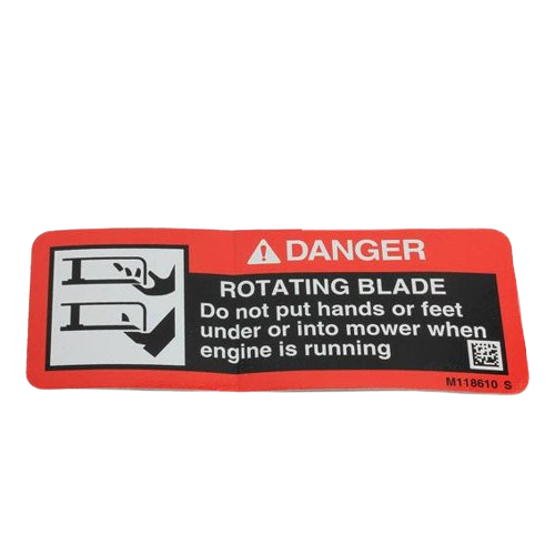 Rectangular red and black John Deere safety sign warning of rotating blade hazards for home improvement and parts collections