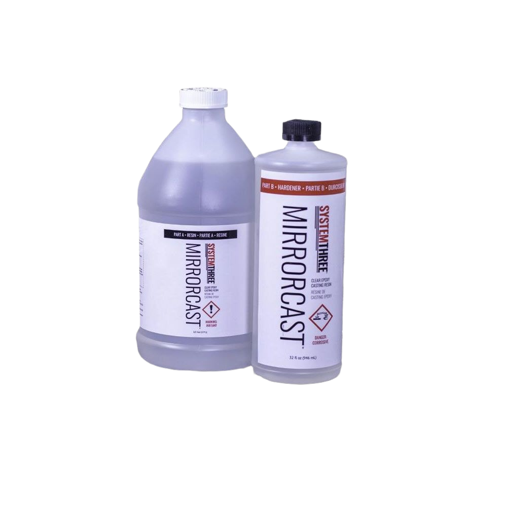 Two clear epoxy resin bottles labeled Mirrorcast for wood sealing and finishing in home improvement tools collection