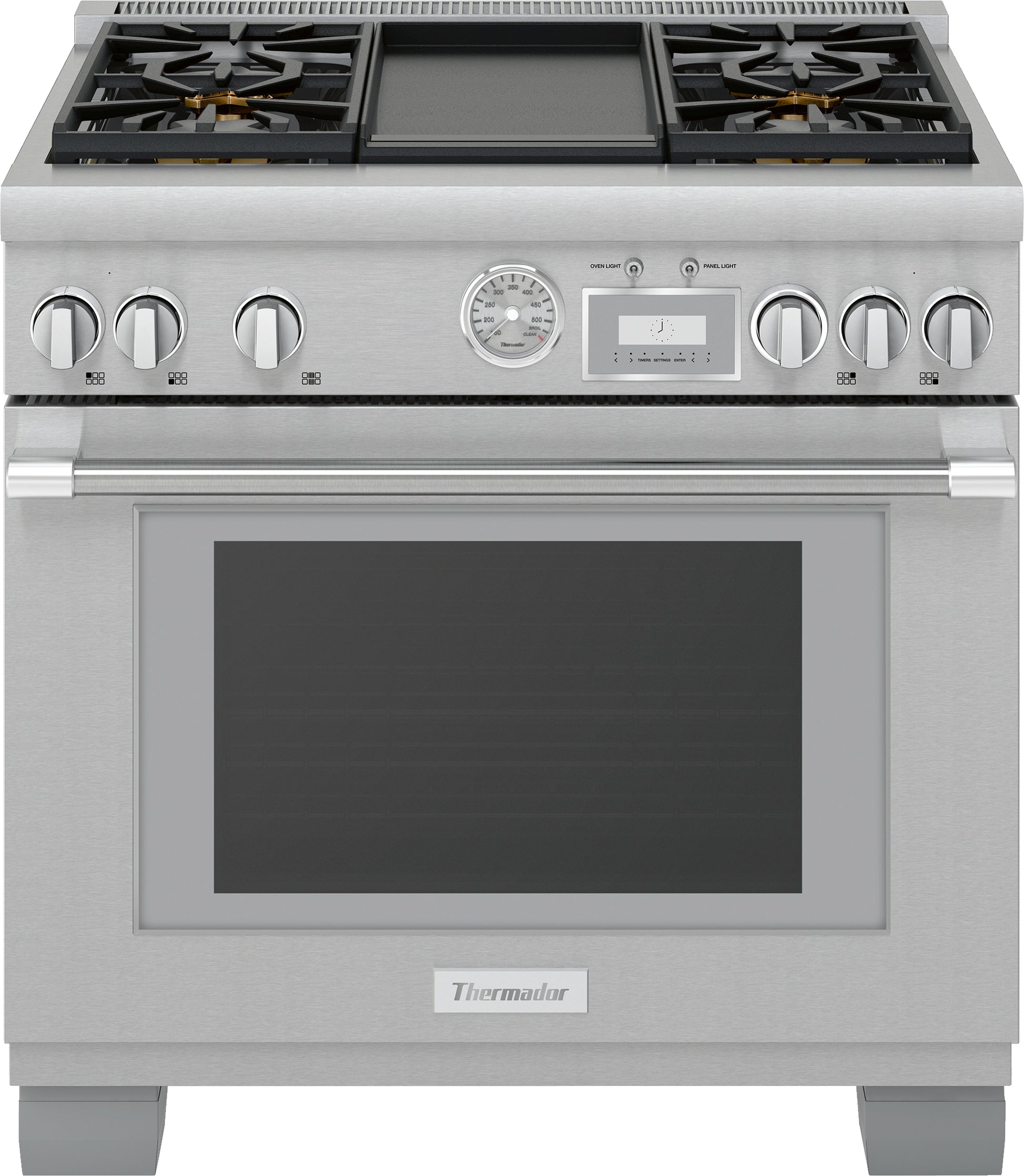 Front view of stainless steel 36-inch professional gas range with six burners and digital controls in appliances collection
