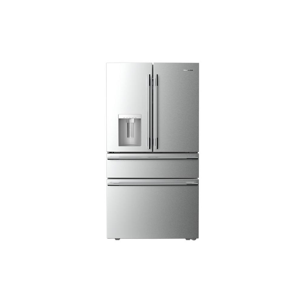 Stainless steel French door refrigerator with exterior water and ice dispenser and spacious drawers for kitchen appliances collection