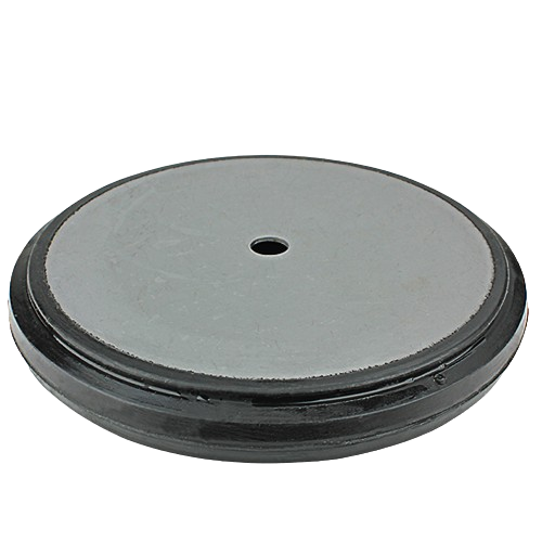 Round metal drive disk with central hole and black rubber edge for home improvement tools use
