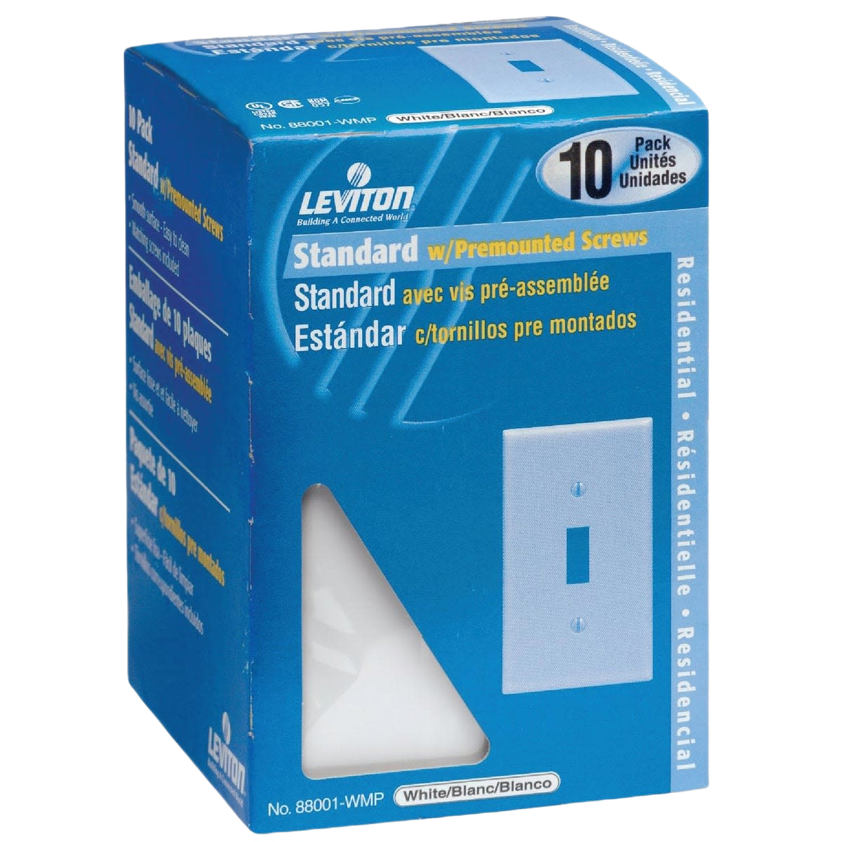 Blue box of white plastic toggle switch wall plates with premounted screws for home improvement projects