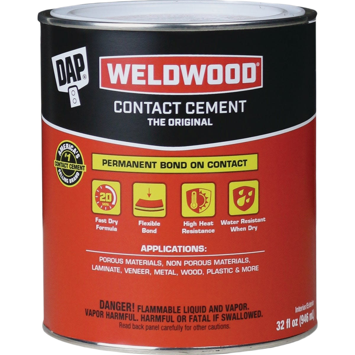 Can of DAP Weldwood contact cement with fast-dry, flexible, heat-resistant bond for home improvement projects