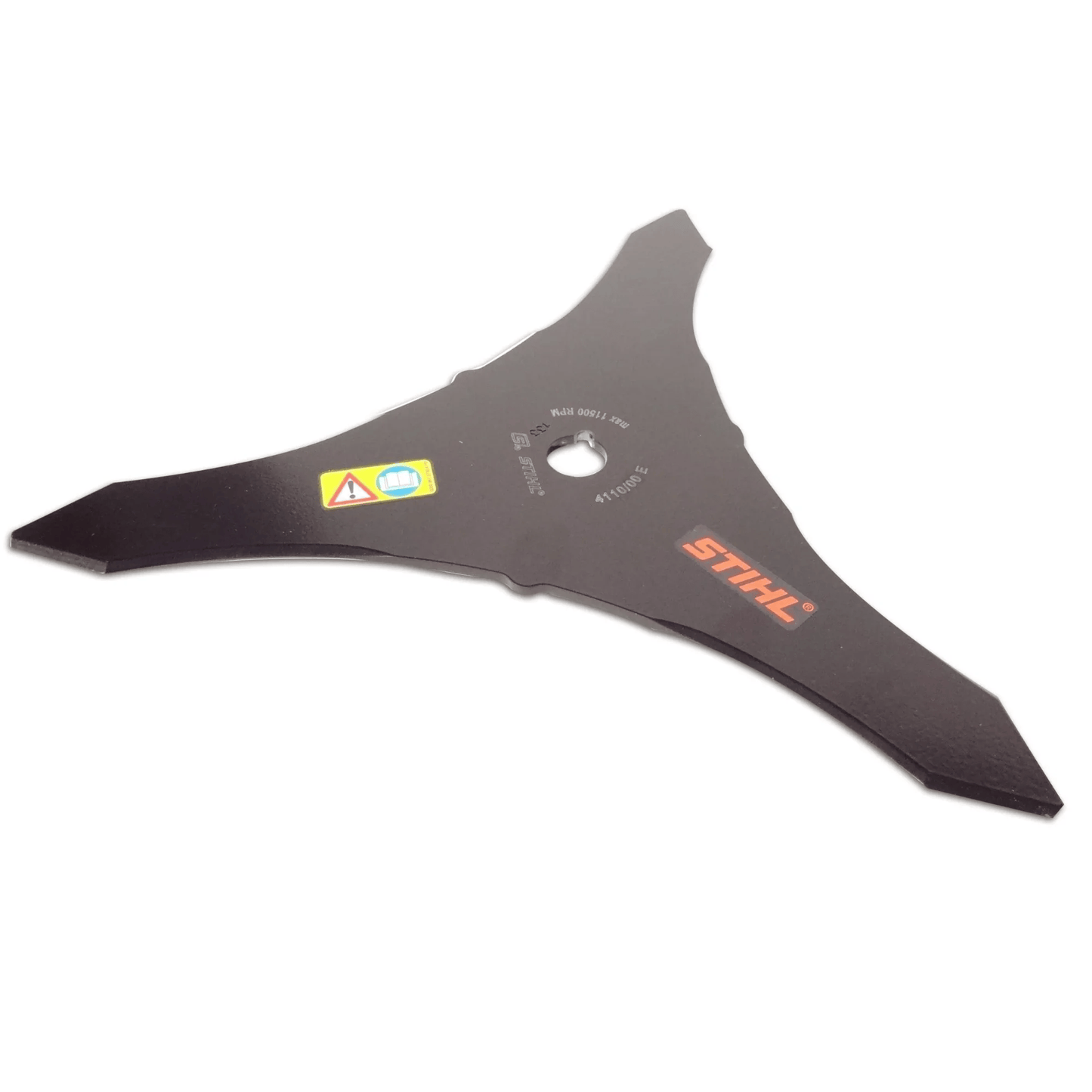 Three-pronged black brush knife blade with orange brand logo designed for outdoor tools and home improvement use