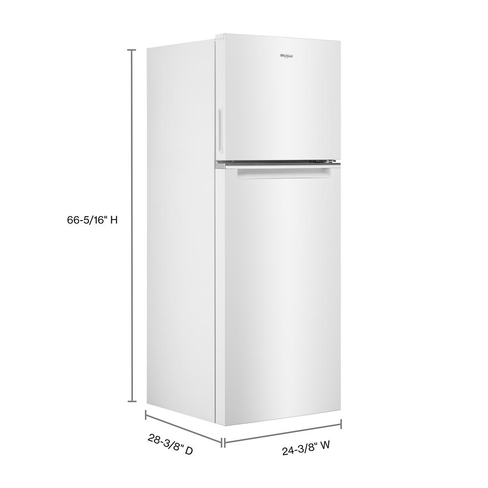White Whirlpool top-freezer refrigerator with compact design and flexible shelving from kitchen appliances collection