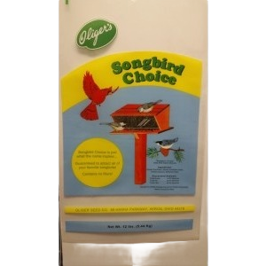 Bag of Oliger brand Songbird Choice seed blend weighing 12 pounds for feeding wild birds.