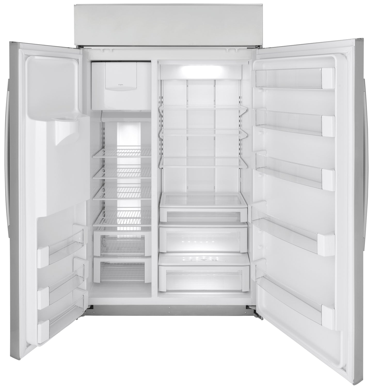 Open built-in side-by-side stainless steel refrigerator showing adjustable shelving and spacious storage compartments