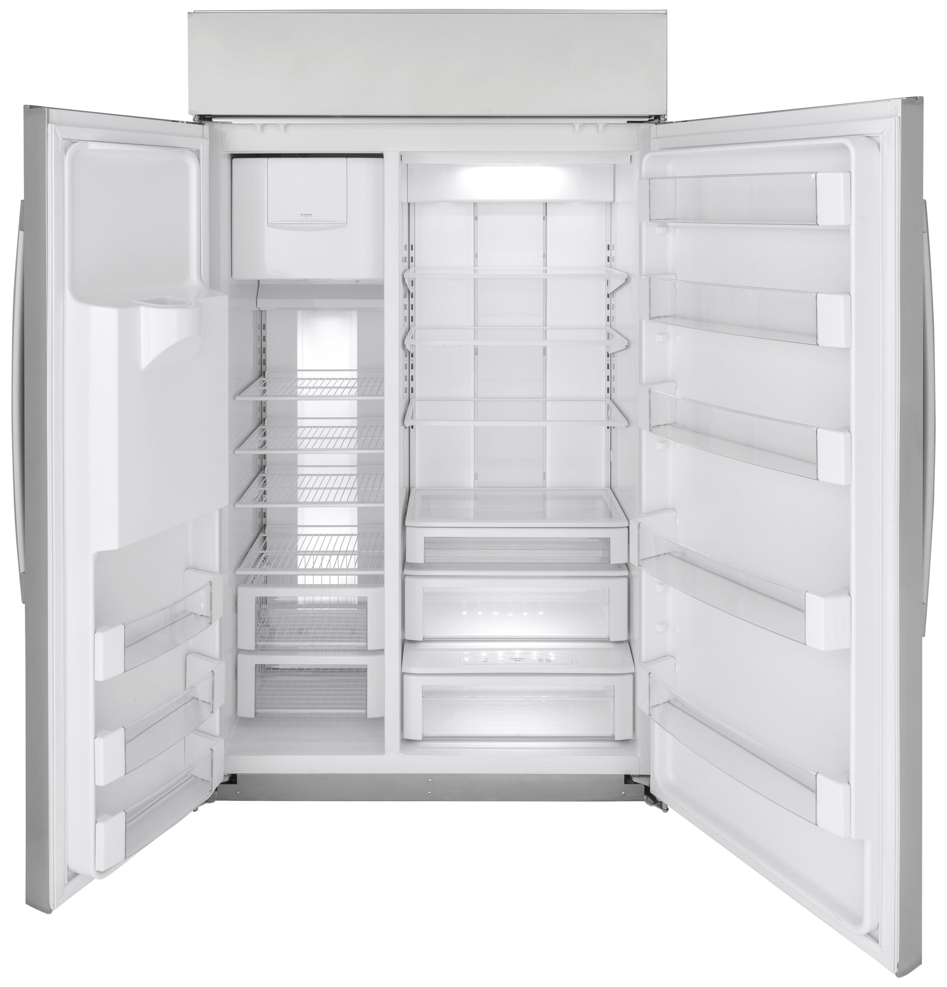 Open built-in side-by-side stainless steel refrigerator showing adjustable shelving and spacious storage compartments